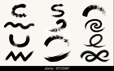 Black grunge curved brush strokes, swirls, arches, and ink lines vector set isolated on light background. Stock Vector