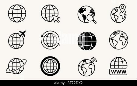 Vector globe and world map icons set, internet, travel, and global communication symbols isolated on light background. Stock Vector