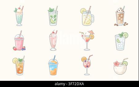 Cute vector cold drinks, cocktails, smoothies, milkshakes, and summer beverages set isolated on white background. Stock Vector