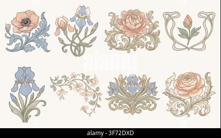 Art Nouveau floral vector set, vintage flowers, peonies, irises, and decorative ornaments isolated on white background. Stock Vector