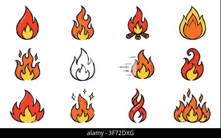 Hand drawn doodle vector fire, flames, bonfire, and spark icons set isolated on white background. Stock Vector