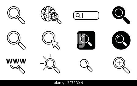 Vector search and magnifying glass icons set, web search and zoom symbols isolated on white background. Stock Vector