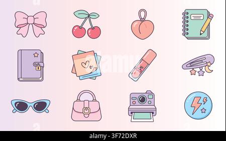 Cute pastel vector aesthetic icons and fashion stickers set isolated on a light gradient background. Stock Vector