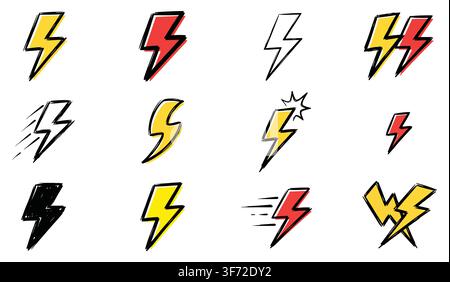 Hand drawn doodle vector lightning bolts, thunder, and flash icons set isolated on white background. Stock Vector