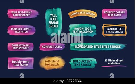 Colorful watercolor text frames, brush strokes, banners, and title underlines vector set isolated on dark background. Stock Vector