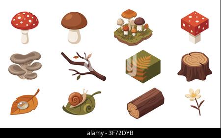 Isometric vector forest elements, mushrooms, tree stump, snail, and nature icons set isolated on white background. Stock Vector