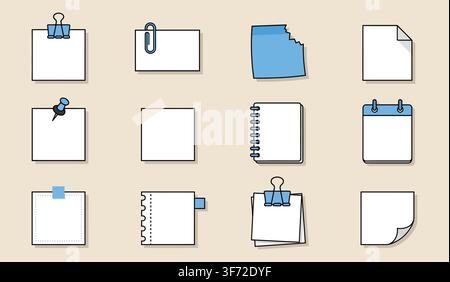 Vector note papers, sticky notes, binder clips, and office stationery icons set isolated on light background. Stock Vector