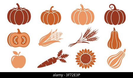 Vector autumn harvest icons set, pumpkins, vegetables, corn, and sunflower isolated on white background. Stock Vector