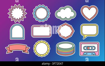 Cute pastel vector frames, badges, stickers, and speech bubbles set isolated on a colorful gradient background. Stock Vector