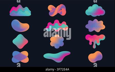 Colorful fluid, gradient, and abstract vector shapes set isolated on dark background. Stock Vector