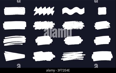 Hand drawn white highlighter, marker, and brush strokes vector set isolated on dark blue background. Stock Vector