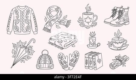 Hand drawn cozy autumn and winter vector clothing, warm drinks, and comfort items line art set. Stock Vector