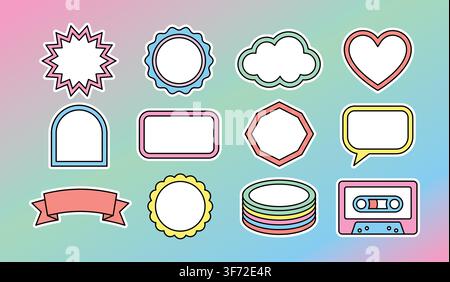 Cute pastel vector frames, badges, stickers, and speech bubbles set isolated on a colorful gradient background. Stock Vector