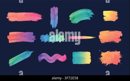 Colorful vector watercolor brush strokes and paint splashes set isolated on dark blue background. Stock Vector
