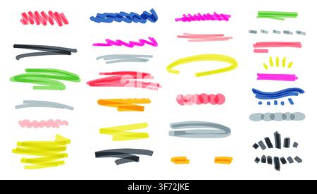Highlighters marker for brochure, poster, notes or text. Abstract bright lines and circles in hand drawn style. Outline minimalist template design. Stock Vector