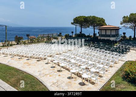 Monaco, Monaco - July 17, 2026: Monaco Open Air Cinema with rows of empty seats overlooking the Mediterranean Sea in Monaco-Ville Stock Photo