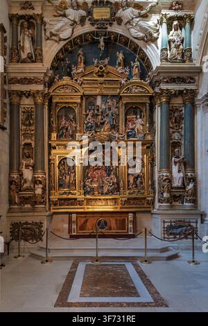Ornate golden altarpiece and reredos inside the Chapel of the Nativity, Burgos Cathedral, Castile and León, Spain. Stock Photo