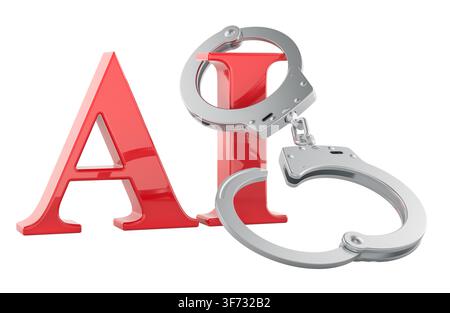 AI regulation with handcuffs. Artificial intelligence control concept. 3D rendering isolated on white background Stock Photo