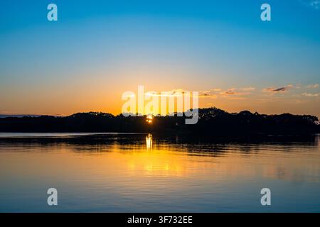 Sunrise over the Madeira River, a major tributary to the Amazon River. Amazonas, Brazil. Stock Photo