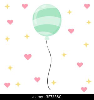 Cute pastel mint green striped balloon vector icon. Minimalist glossy party balloon icon with a wavy string in kawaii style. Perfect for birthday card Stock Vector