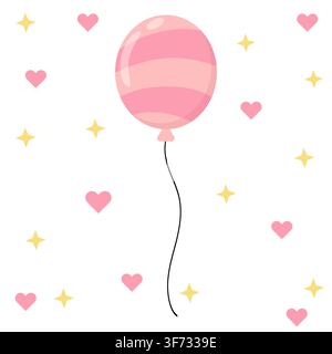 Cute pastel pink striped balloon vector illustration. Minimalist glossy party balloon icon with a wavy string in kawaii style. Perfect for birthday ca Stock Vector