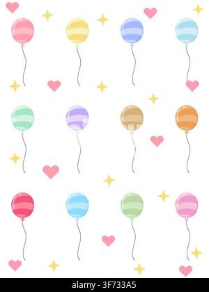 Cute seamless pattern of 12 pastel striped balloon vector illustrations. Minimalist repeating background with hearts and stars in a colorful palette. Stock Vector