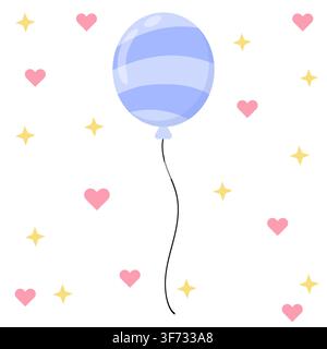 Cute pastel periwinkle striped balloon vector icon. Minimalist glossy party balloon icon with a wavy string in kawaii style. Perfect for birthday card Stock Vector