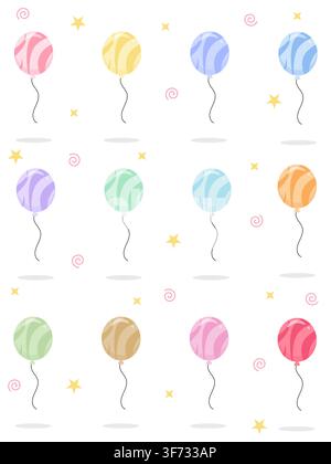 Cute seamless pattern of 12 pastel swirl balloon vector illustrations. Minimalist repeating background with shadows, spirals, and stars in a colorful Stock Vector