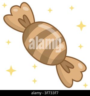 Cute pastel brown striped wrapped candy vector illustration. Minimalist glossy sweet with heart details and gold sparkles in kawaii style. Perfect for Stock Vector