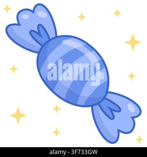 Cute pastel periwinkle striped wrapped candy vector icon. Minimalist glossy sweet with heart details and gold sparkles in kawaii style. Perfect for pl Stock Vector