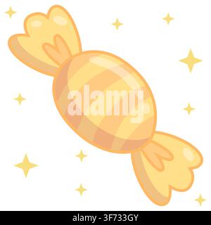 Cute pastel yellow striped wrapped candy vector illustration. Minimalist glossy sweet with heart details and gold sparkles in kawaii style. Perfect fo Stock Vector