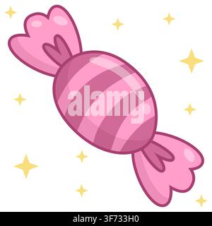 Cute pastel rose pink striped wrapped candy vector icon. Minimalist glossy sweet with heart details and gold sparkles in kawaii style. Perfect for pla Stock Vector