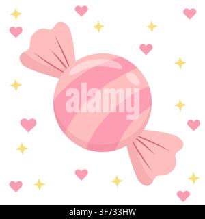 Cute pastel pink striped wrapped candy vector illustration. Minimalist glossy sweet surrounded by pink hearts and gold stars in kawaii style. Perfect Stock Vector