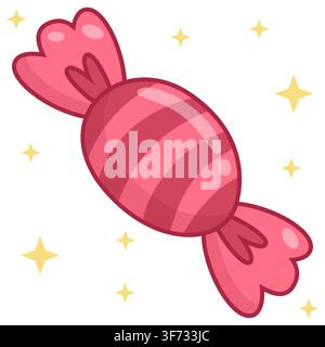 Cute pastel red striped wrapped candy vector illustration. Minimalist glossy sweet with heart details and gold sparkles in kawaii style. Perfect for p Stock Vector