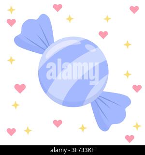 Cute pastel periwinkle striped wrapped candy vector icon. Minimalist glossy sweet surrounded by pink hearts and gold stars in kawaii style. Perfect fo Stock Vector