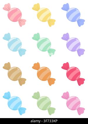 Cute collection of 12 pastel striped wrapped candy vector icons. Minimalist glossy sweets with pink hearts and gold stars in a colorful palette. Perfe Stock Vector
