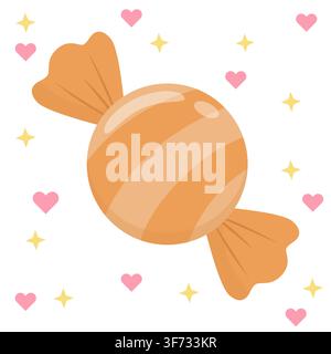 Cute pastel orange striped wrapped candy vector illustration. Minimalist glossy sweet surrounded by pink hearts and gold stars in kawaii style. Perfec Stock Vector