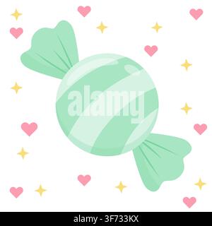 Cute pastel mint green striped wrapped candy vector icon. Minimalist glossy sweet surrounded by pink hearts and gold stars in kawaii style. Perfect fo Stock Vector