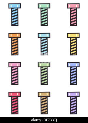 Cute collection of 12 pastel screw and bolt vector icons. Minimalist glossy hardware and DIY craft tools with bold outlines in a colorful palette Stock Vector