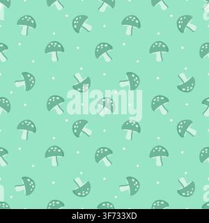 Cute seamless pattern of pastel mint green background with dark green mushrooms, stars, and dots. Minimalist tone on tone repeating background in kawa Stock Vector