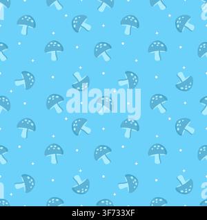 Cute seamless pattern of pastel sky blue background with dark blue mushrooms, stars, and dots. Minimalist tone on tone repeating background in kawaii Stock Vector