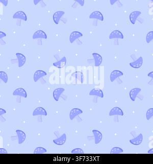 Cute seamless pattern of pastel periwinkle background with dark lavender mushrooms, stars, and dots. Minimalist tone on tone repeating background in k Stock Vector