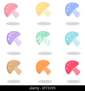 A set of 9 colorful pastel mushroom icons with white spots and shadows. Perfect for forest stickers, digital planners, and nursery decor. Flat vector Stock Vector