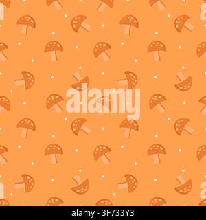 Cute seamless pattern of pastel orange background with dark orange mushrooms, stars, and dots. Minimalist tone on tone repeating background in kawaii Stock Vector