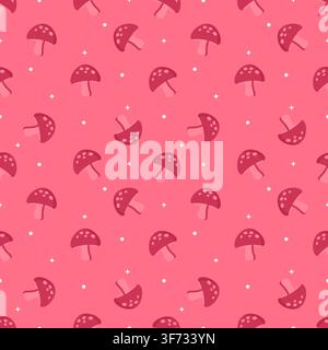 Cute seamless pattern of pastel red background with dark red mushrooms, stars, and dots. Minimalist tone on tone repeating background in kawaii style Stock Vector