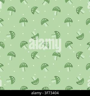 Cute seamless pattern of pastel lime green background with dark green mushrooms, stars, and dots. Minimalist tone on tone repeating background in kawa Stock Vector