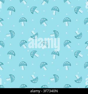 Cute seamless pattern of pastel light blue background with dark blue mushrooms, stars, and dots. Minimalist tone on tone repeating background in kawai Stock Vector