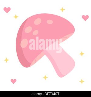 Adorable pink pastel mushroom with white spots. Perfect for nature stickers, digital planners, and kids decor. Isolated on white background. Flat vect Stock Vector
