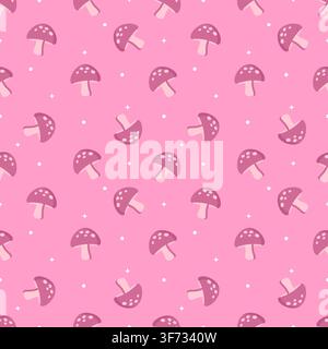 Cute seamless pattern of pastel rose pink background with dark rose mushrooms, stars, and dots. Minimalist tone on tone repeating background in kawaii Stock Vector