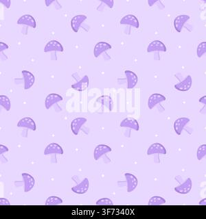 Cute seamless pattern of pastel purple background with dark purple mushrooms, stars, and dots. Minimalist tone on tone repeating background in kawaii Stock Vector